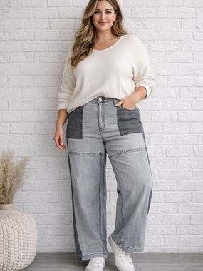 LOGO Lori Goldstein Wide Leg Jeans Gray Patchwork Colorblock Plus Size 22W